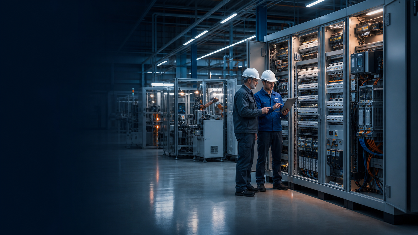 Modern electrical control panels and engineers in an automation facility