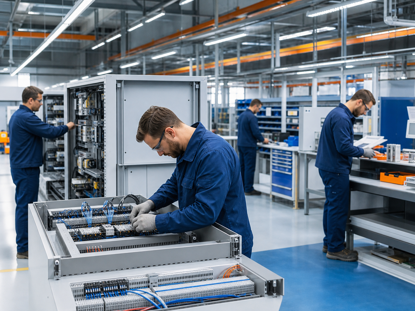 Electrical panel manufacturing floor with technicians and inspection benches